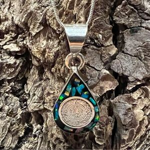 Mexico 925 Silver Blue Opal Necklace Aztec Calendar Pendant Black Enamel 19”